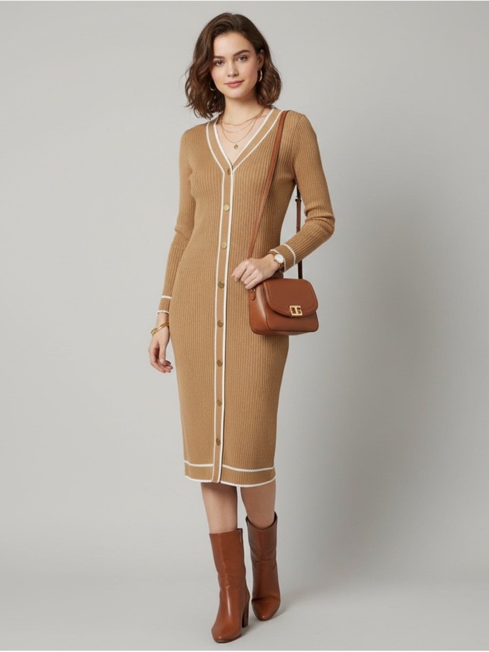 Ribbed Camel Midi Dress with White Trim and Gold Buttons - Women's